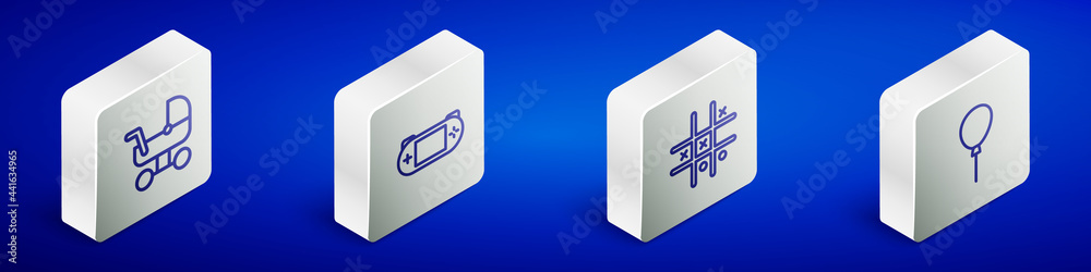 Set Isometric line Baby stroller, Portable video game console, Tic tac toe and Balloons with ribbon icon. Vector Set Isometric line Baby stroller, Portable video game console, Tic tac toe and Balloons with ribbon icon. Vector