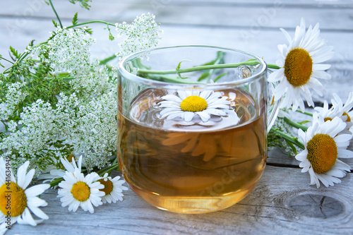 Chamomile tea close-up. Summer still life with wildflowers and chamomile drink in a glass cup. Floral background.