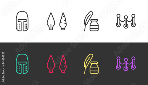 Set line Medieval iron helmet, Stone age arrow head, Feather and inkwell and Rope barrier on black and white. Vector