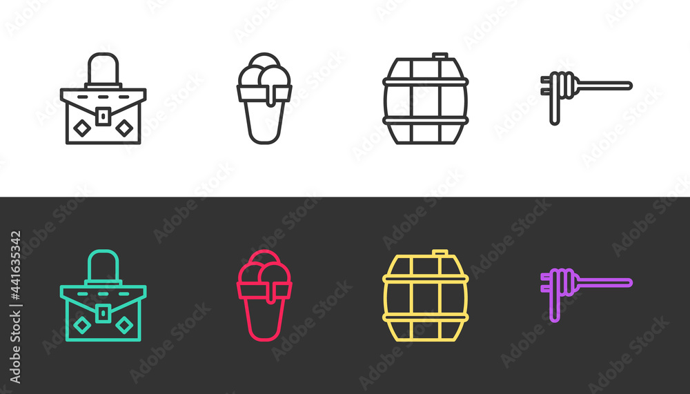 Set line Handbag, Ice cream, Barrel for wine and Pasta spaghetti on black and white. Vector Set line Handbag, Ice cream, Barrel for wine and Pasta spaghetti on black and white. Vector