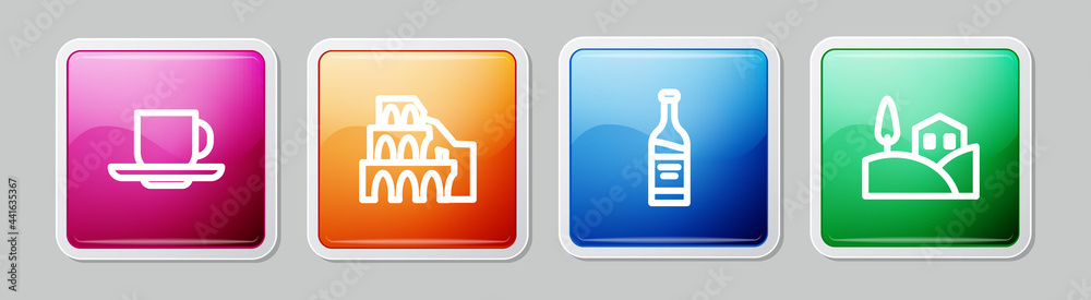 Set line Coffee cup, Coliseum in Rome, Bottle wine and Village landscape. Colorful square button. Vector Set line Coffee cup, Coliseum in Rome, Bottle wine and Village landscape. Colorful square button. Vector