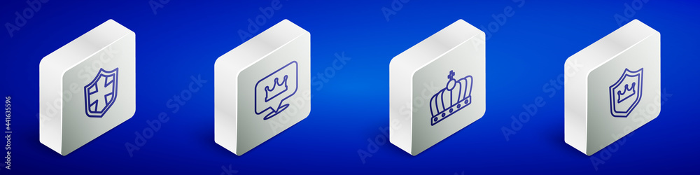 Set Isometric line Shield, Location king crown, King and with icon. Vector Set Isometric line Shield, Location king crown, King and with icon. Vector