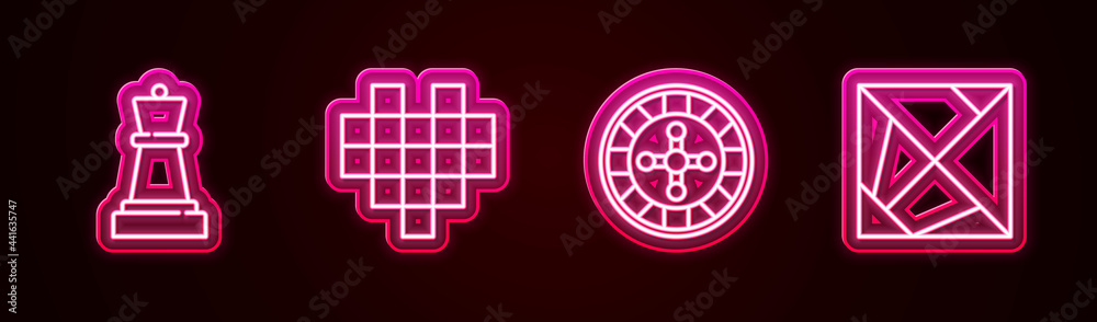 Set line Chess, Pixel hearts for game, Casino roulette wheel and Rubik cube. Glowing neon icon. Vector