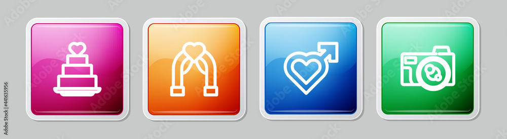 Set line Wedding cake with heart, arch, Heart male gender and Photo camera. Colorful square button. Vector Set line Wedding cake with heart, arch, Heart male gender and Photo camera. Colorful square button. Vector