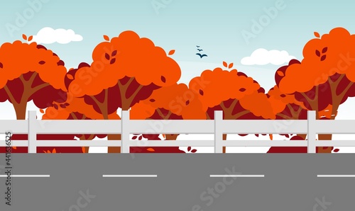 Highway road Autumn landscape. Natural forest landscape. Vector fall foliage nature illustration.
