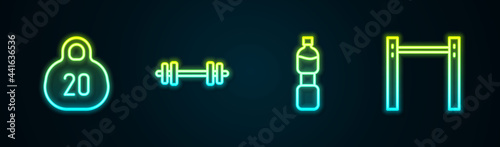 Set line Kettlebell, Barbell, Bottle of water and Horizontal bar. Glowing neon icon. Vector
