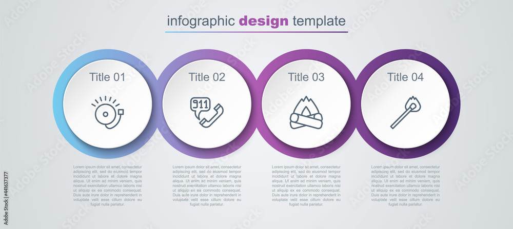 Set line Ringing alarm bell, Telephone call 911, Campfire and Burning match with. Business infographic template. Vector Set line Ringing alarm bell, Telephone call 911, Campfire and Burning match with. Business infographic template. Vector