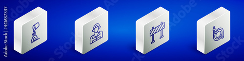 Set Isometric line Bucket extinguishing fire, Firefighter, Road barrier and hose reel icon. Vector