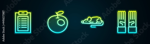 Set line Clinical record, Genetically modified apple, Experimental mouse and Medical rubber gloves. Glowing neon icon. Vector