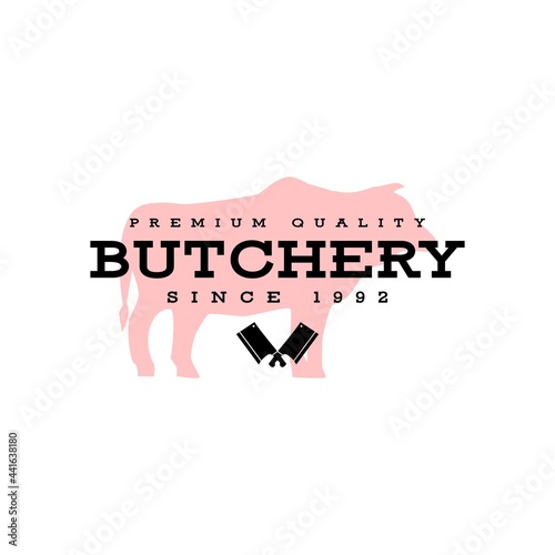 premium quality butchery text with a silhouette illustration of a cow. logo template for butchery or meat shop with a retro classic style.