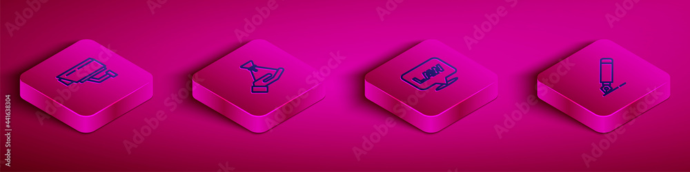 Set Isometric line Security camera, Bribe money bag, Location law and Fountain pen nib icon. Vector Set Isometric line Security camera, Bribe money bag, Location law and Fountain pen nib icon. Vector
