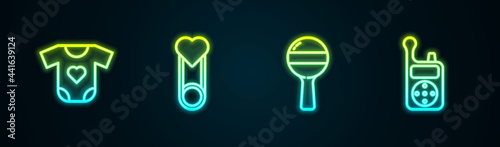 Set line Baby clothes, pin, Rattle baby toy and Monitor Walkie Talkie. Glowing neon icon. Vector