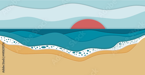 Seashore abstract papercut poster. Beach vector illustration. Summer holiday background.
