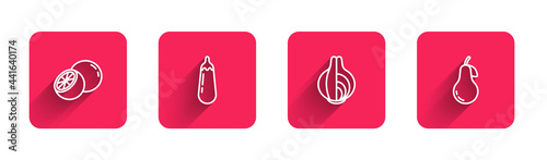 Set line Orange fruit, Eggplant, Onion and Pear with long shadow. Red square button. Vector
