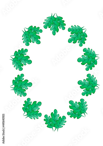 Frames of green oak leaves on a white sheet of A4 format, pastiche, graphics on the theme of the plant