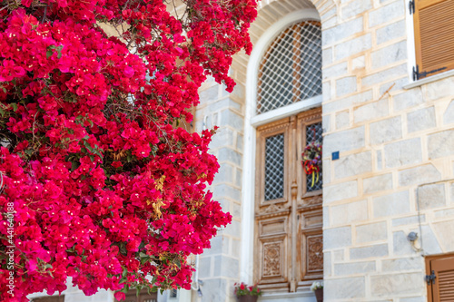 Bougainvillea with red flowers at Ermoupolis capital of Syros island, Cyclades, Greece. photo