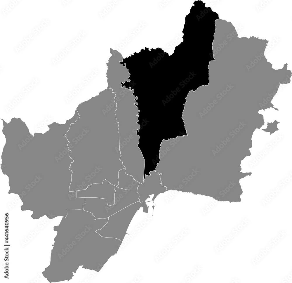 Black location map of the Malagenean Ciudad Jardín district inside the Spanish regional capital city of Malaga, Spain