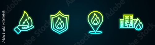 Set line Hand holding a fire, Fire protection shield, Location with flame and burning buildings. Glowing neon icon. Vector