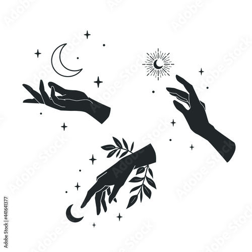 Set of female elegant hands. Trendy celestial magical collection. Boho crescent moons. Vector illustration