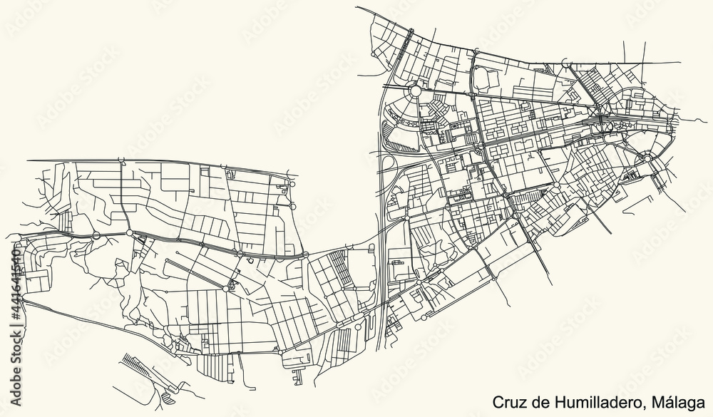 Naklejka premium Black simple detailed street roads map on vintage beige background of the quarter Cruz de Humilladero district of Malaga, Spain