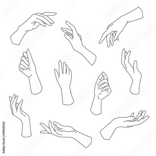 Set of linear hands in various gestures. Modern boho female hands. Vector illustration
