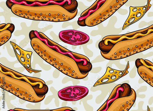 Delicious hand drawn vector hot dogs with ketchup and mustard. Cheese  tomatoes  sausage  bread and sauce. Stylish seamless pattern with appetizing food items. Fast food to eat on the street