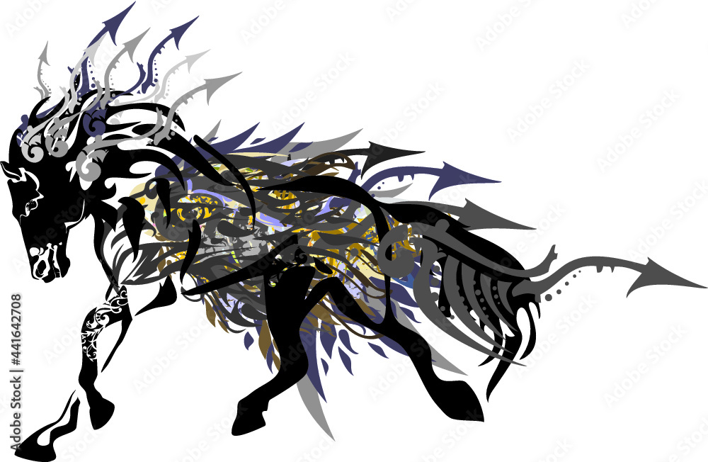 Running black horse pastel splashes with arrows elements on white. A symbol of a running horse with decorative elements in pastel and gray tones for your creative ideas. Eagle head inside the horse Running black horse pastel splashes with arrows elements on white. A symbol of a running horse with decorative elements in pastel and gray tones for your creative ideas. Eagle head inside the horse