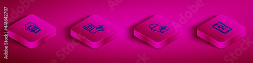 Set Isometric line Mobile with smart home, Air humidifier, Smart light bulb and Digital door lock icon. Vector
