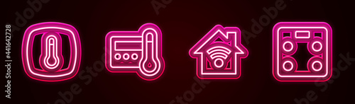 Set line Thermostat, , Smart home with wi-fi and bathroom scales. Glowing neon icon. Vector