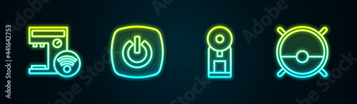 Set line Smart coffee machine, home, and Robot vacuum cleaner. Glowing neon icon. Vector