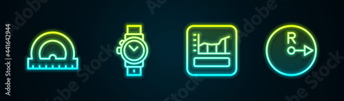 Set line Protractor, Wrist watch, Graph, schedule, chart, diagram and Radius. Glowing neon icon. Vector
