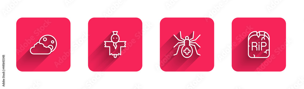 Set line Moon and stars, Scarecrow, Spider and Tombstone with RIP written with long shadow. Red square button. Vector Set line Moon and stars, Scarecrow, Spider and Tombstone with RIP written with long shadow. Red square button. Vector