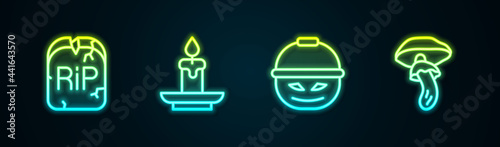 Set line Tombstone with RIP written, Burning candle, Pumpkin basket for sweets and Psilocybin mushroom. Glowing neon icon. Vector