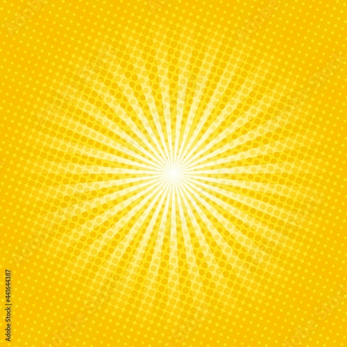 Yellow Sunburst Pattern Background. Sunburst with rays background. Vector illustration. Yellow radial background. Halftone background.