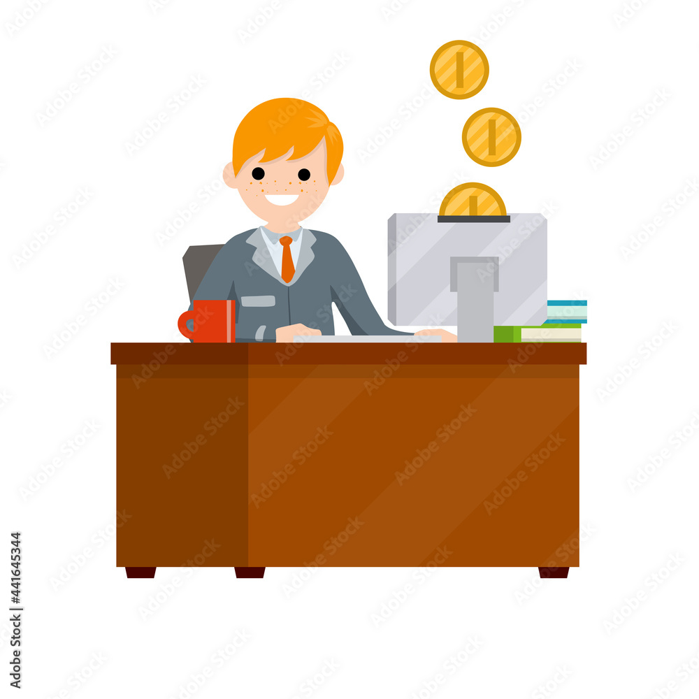 Man sitting at table with computer and typing text message. Salary on Internet. Cartoon flat illustration. Employee at work in office. Online earnings. Gold Coins are falling in money box in monitor Man sitting at table with computer and typing text message. Salary on Internet. Cartoon flat illustration. Employee at work in office. Online earnings. Gold Coins are falling in money box in monitor
