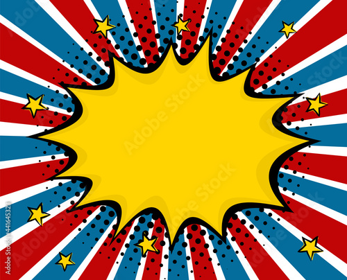 Bright pop art burst picture in USA flag colors. Comic Speech Bubble with explosion. Cartoon frame for social media post template by July 4th or Election Day. Vector illustration