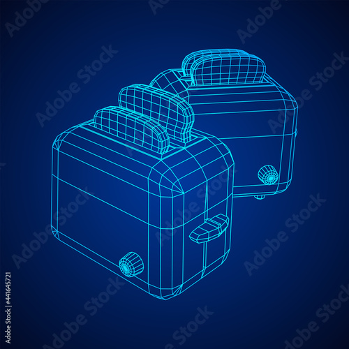 Toaster with two fried pieces of loaf prepared for a breakfast. Wireframe low poly mesh vector illustration.
