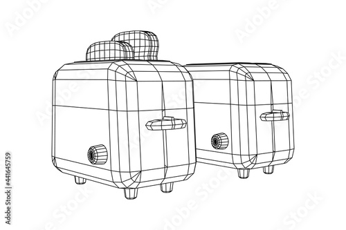 Toaster with two fried pieces of loaf prepared for a breakfast. Wireframe low poly mesh vector illustration.