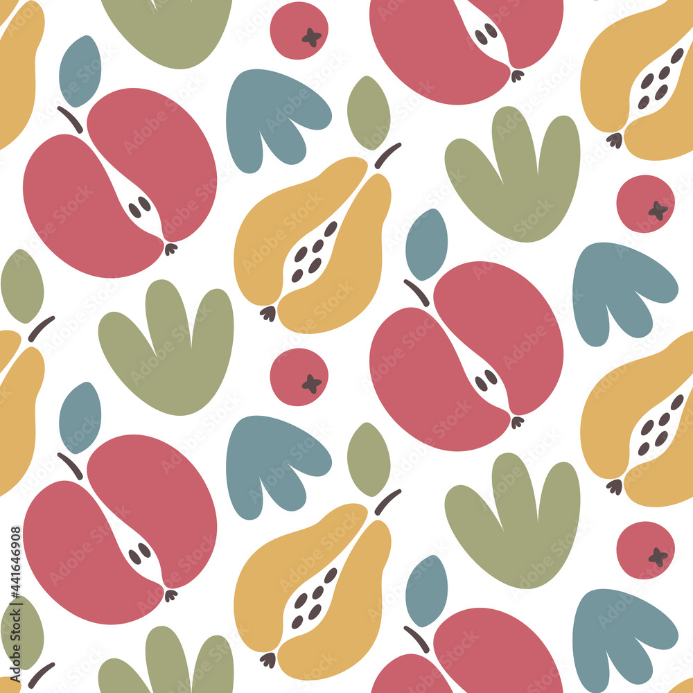Seamless vector abstract floral pattern with fruits, apples, pears, berries, leaves, plants, abstract elements in boho style for fashion, fabric, wallpaper and all prints