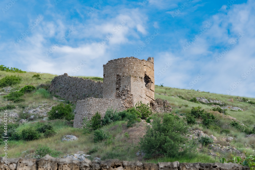 View tower of Chembalo fortress. Medieval architecture monument, landmark. Ruined stone Genoese fortress in Balaklava in  Crimea 