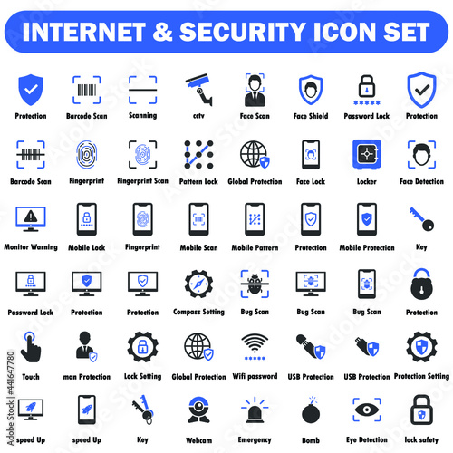 internet and security icon set black and blue series