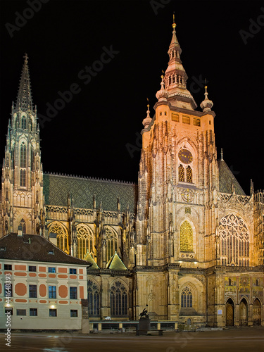 Tower of St. Vitus Cathedral at night, Prague, Czech Republic