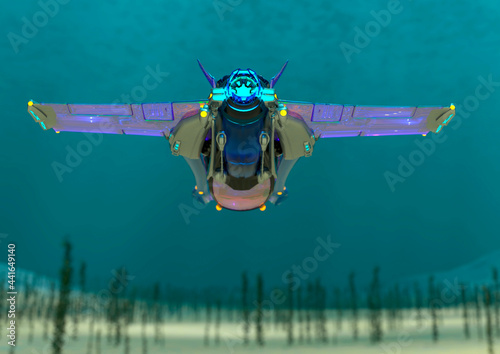 space fighter is passing by underwater