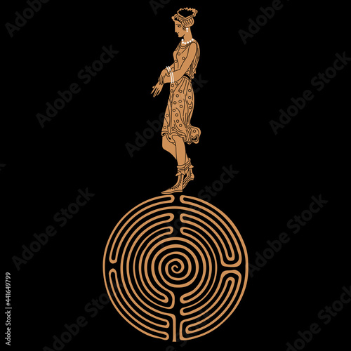 Pretty young ancient Greek woman standing on a round spiral maze or labyrinth symbol. Ariadne. Antique mythology. Creative concept.