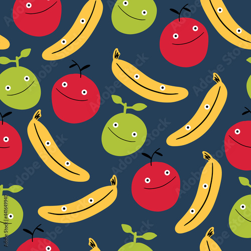 Vector seamless pattern with happy fruits - banana, apple and orange with faces on a blue background