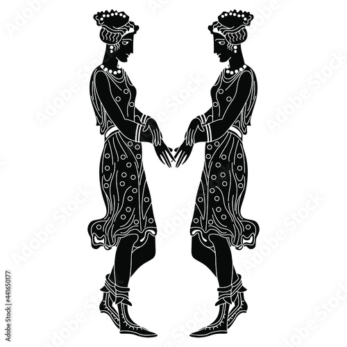 Symmetrical design with two pretty standing young women in short dress holding hands. Ancient Greek vase painting style. Black and white negative silhouette.