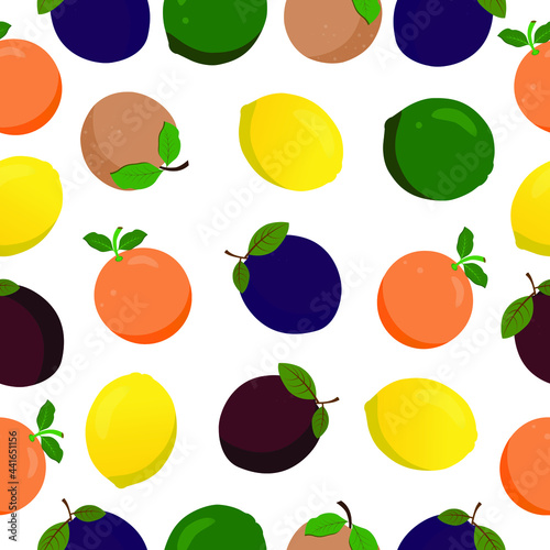 Fototapeta Naklejka Na Ścianę i Meble -  Vector fruits seamless pattern: plum, orange, lime, lemon, peach.
 For print textiles, prints, clothers, posters.