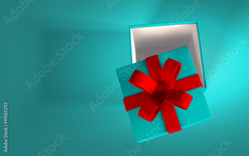 3D render and draw by mesh realistic gift box with red bow. Paper box with red ribbon and shadow isolated on blue background. Vector illustration © Oleh
