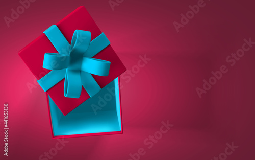 3D render and draw by mesh realistic gift box with blue bow. Paper red box with blue ribbon and shadow. Vector illustration © Oleh