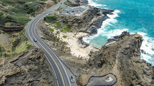 Halona Blowhole Lookout. Lanai Lookout. Aerial photography of coastline. Kalanianaole Hwy, Honolulu, Oahu, Hawaii